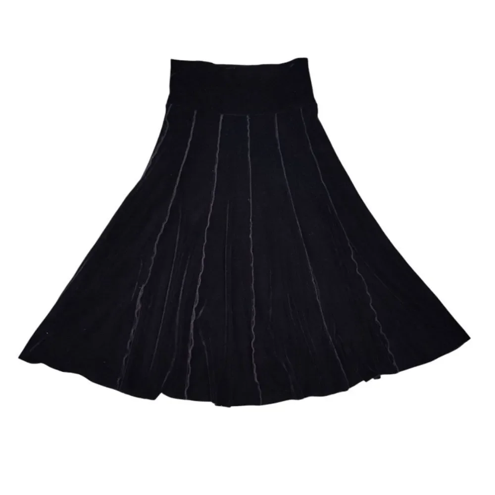 VTG Y2K Black Velvet Panelled Pull On‎ Whimsigoth Midi Skirt Large A Line Goth